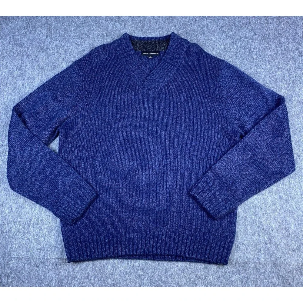 Tricots St Raphael Mens Sweater V Neck Tight Knit Blue Acrylic Long Sleeve Sz XL